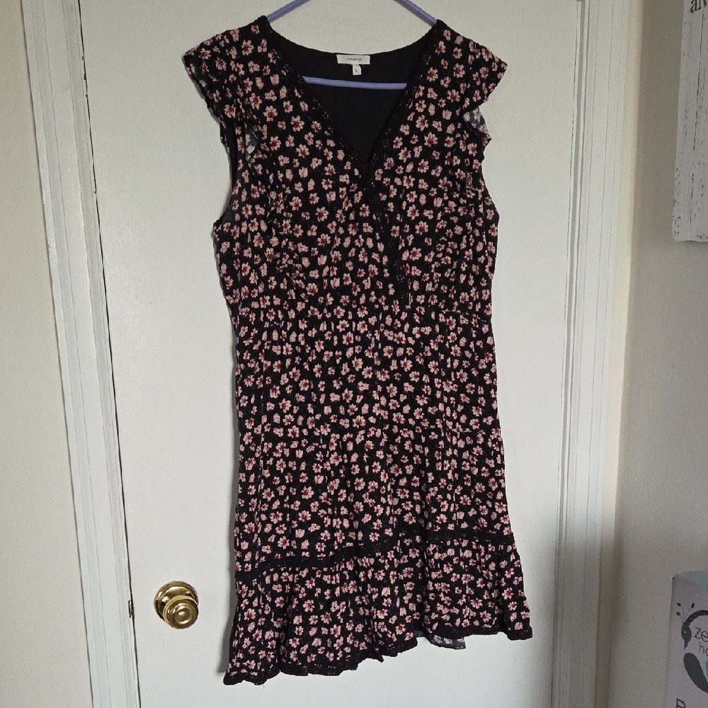 Maurices Black and Pink Floral Ruffle Mini Dress